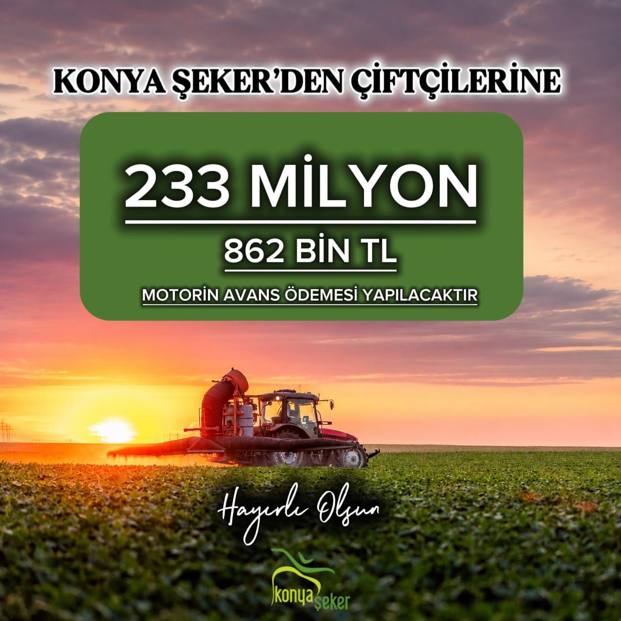KONYA ŞEKER'DEN 233 MİLYON 862 BİN TL'LİK MOTORİN AVANS ÖDEMESİ